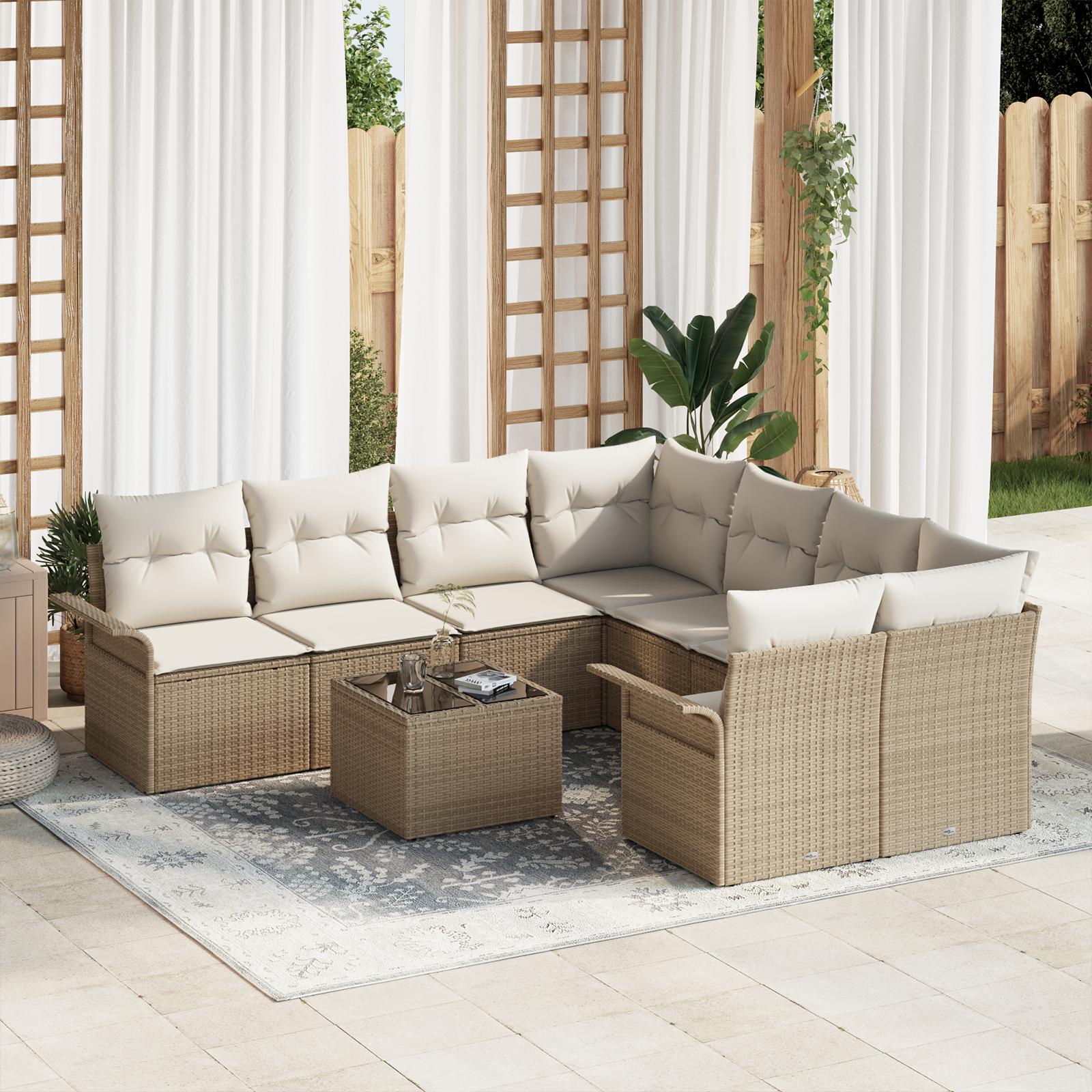 Havesofa Sæt 9 stk Beige og creme Polyrattan og stål og glas