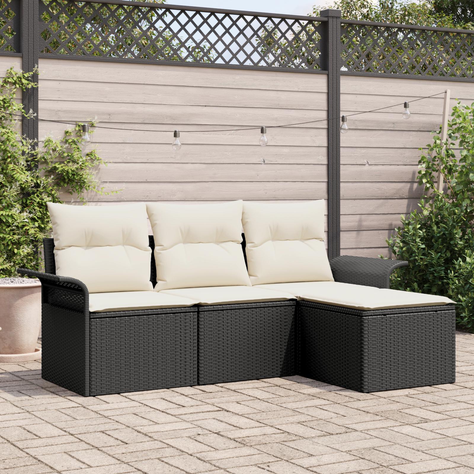 Havesofa Sæt Med Pude Med Opbevaring 4 Dele Poly Rattan - Sort og hvid