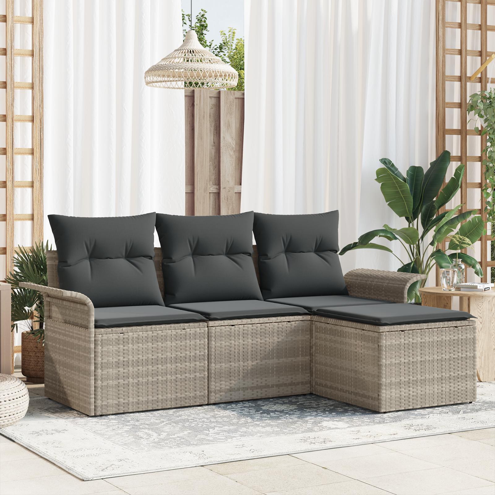 Havesofa Sæt Med Pude Med Opbevaring 4 Dele Poly Rattan - Lysegrå