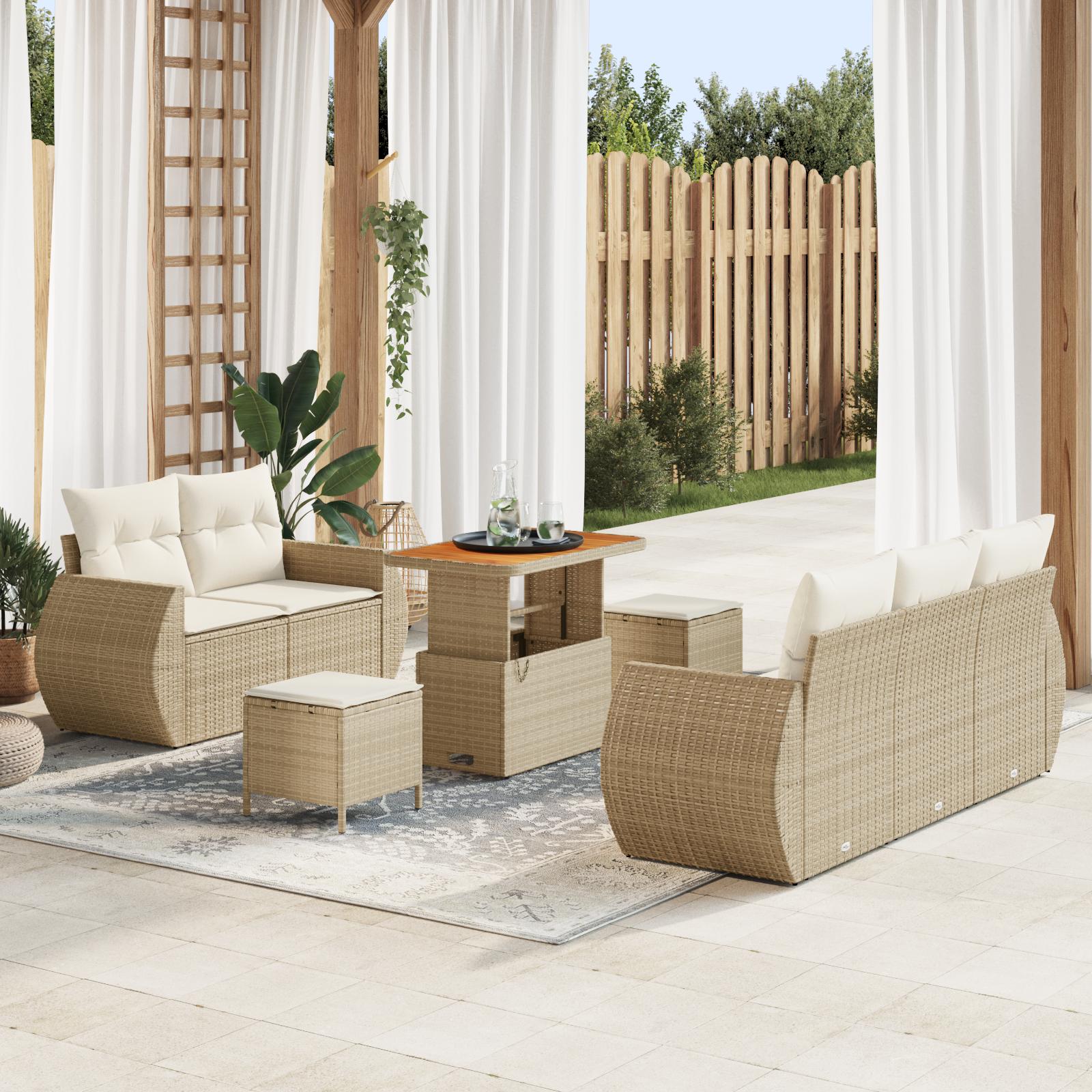 8 Del Havesofa Sæt Med Hynder Beige Poly Rattan Akacia 3 Del Havespisesæt Med Hynder Beige Poly Rattan Akacia