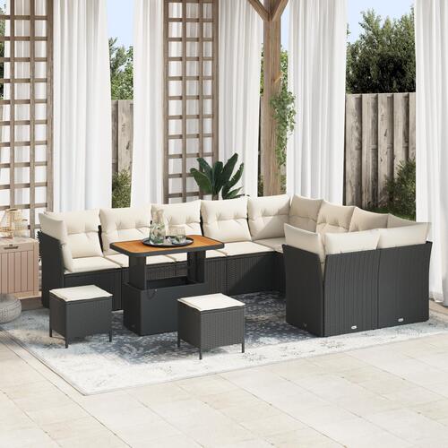 12 Stk Have Sofa Sæt med Hynder Sort Poly Rattan Akacia, 3 Stk Have Spise Sæt med Hynder Sort Poly Rattan Akacia