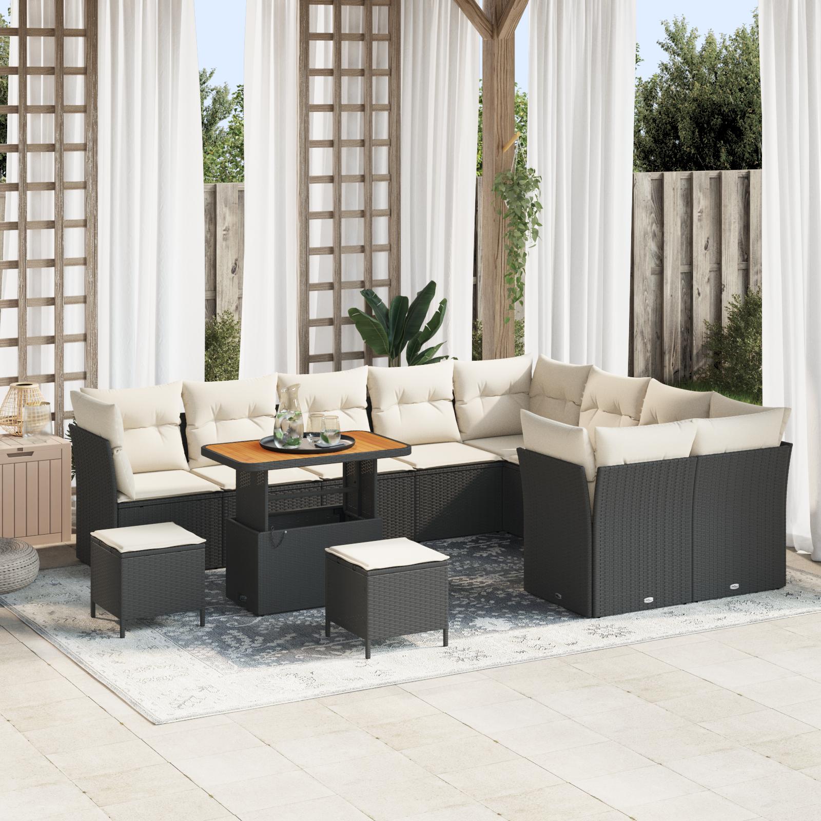 12 Stk Have Sofa Sæt med Hynder Sort Poly Rattan Akacia, 3 Stk Have Spise Sæt med Hynder Sort Poly Rattan Akacia