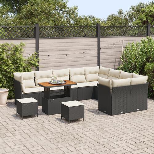 12 Stk Have Sofa Sæt med Hynder Sort Poly Rattan Akacia, 3 Stk Have Spise Sæt med Hynder Sort Poly Rattan Akacia