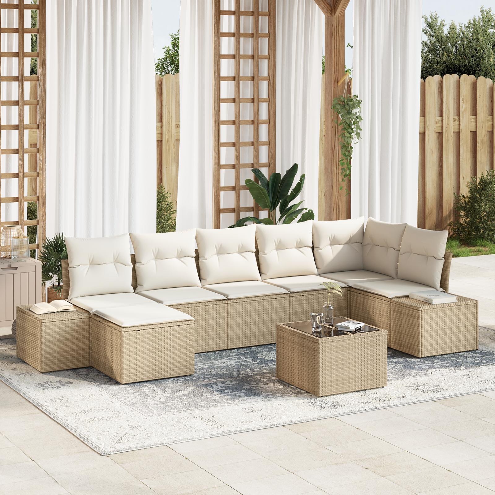 Havesofa Sæt med pude med opbevaring 8 stk Beige Poly rattan