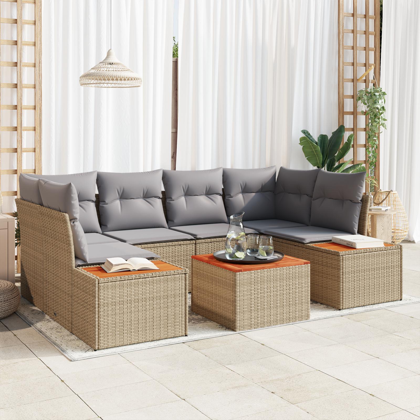 Havesofa sæt med opbevaring - 6 dele i beige polyrattan med hynder