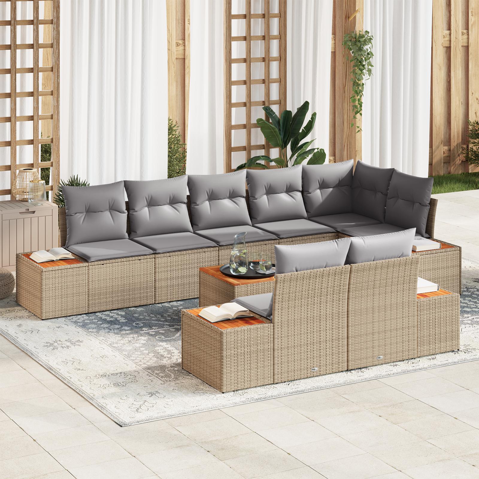 9 Stykker Have Sofa Sæt Med Pudebetræk Beige Poly Rattan Acacia&& 2-personers Have Sofa Med Opbevaring & Pudebetræk Beige Poly Rattan