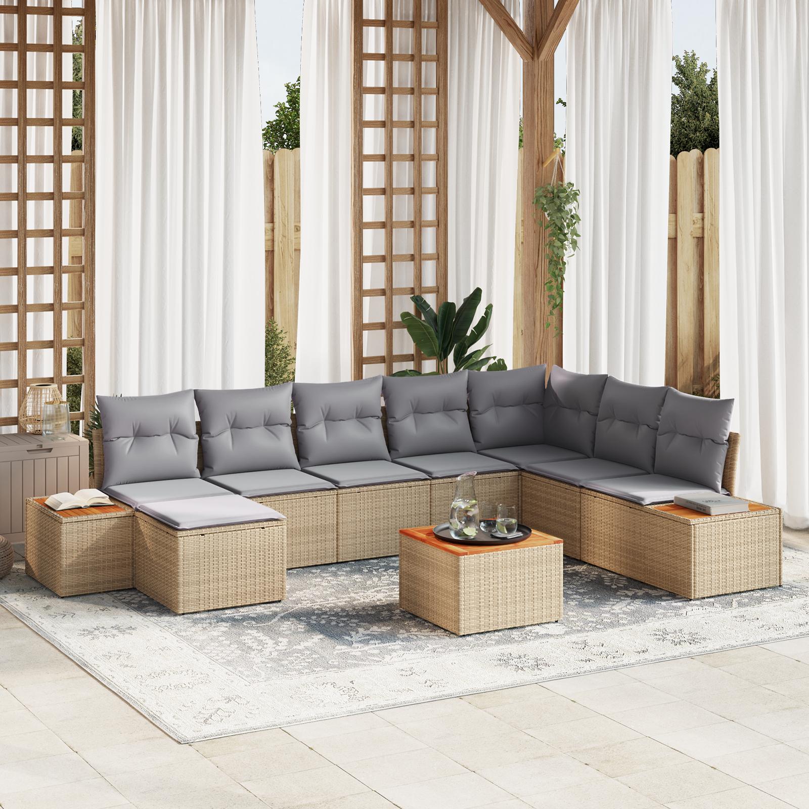 Modulært havesofa sæt med puder - 9 dele, beige/lys grå polyrattan billede