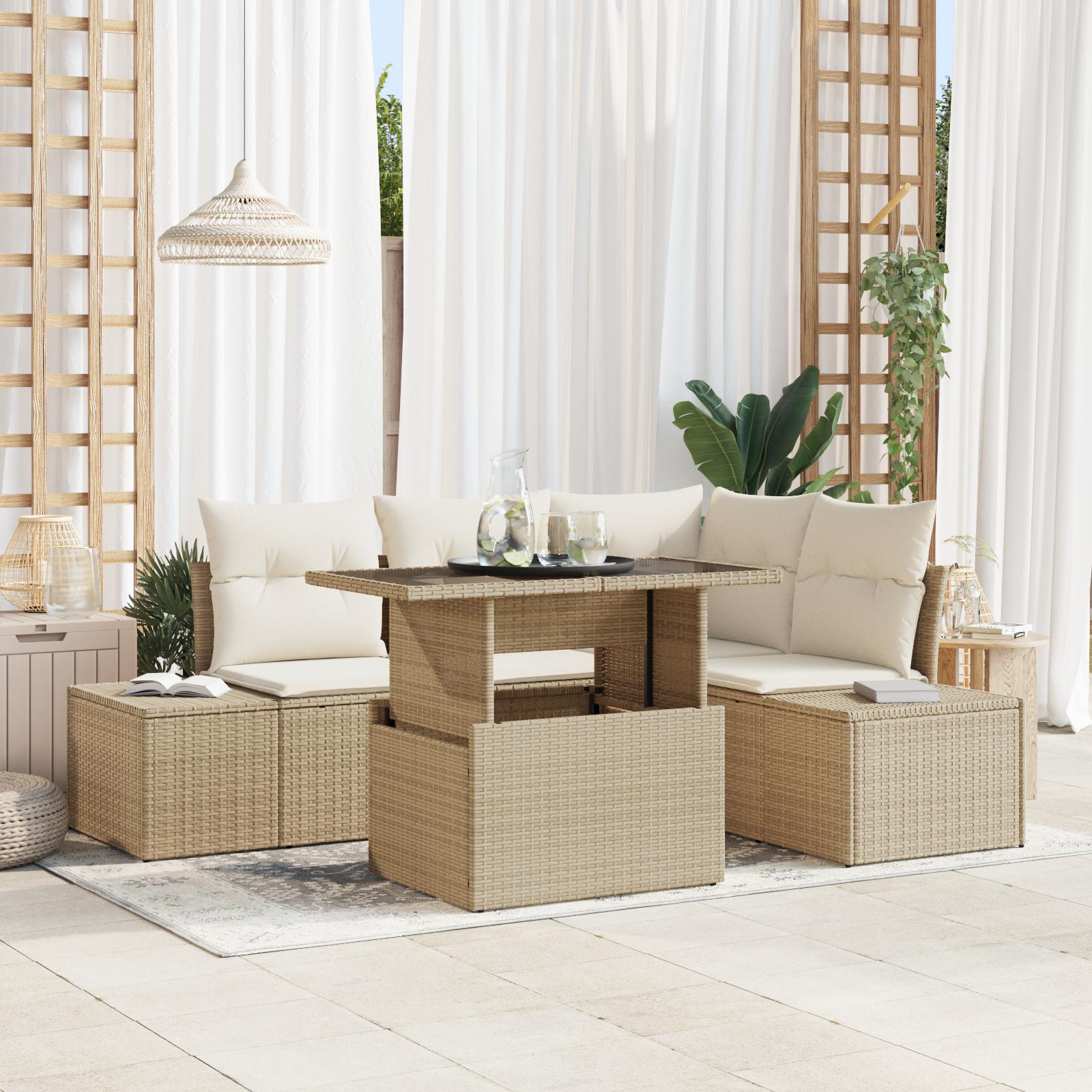 Havesofa SÃ¦t med opbevaring 5 stk Beige Poly rattan