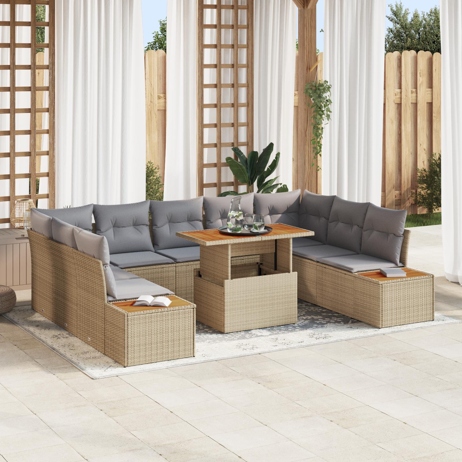 6 Stk Have Sofa Sæt med Puder Beige Poly Rattan&& 2-Sæders Have Sofa med Opbevaring & Puder Beige Poly Rattan