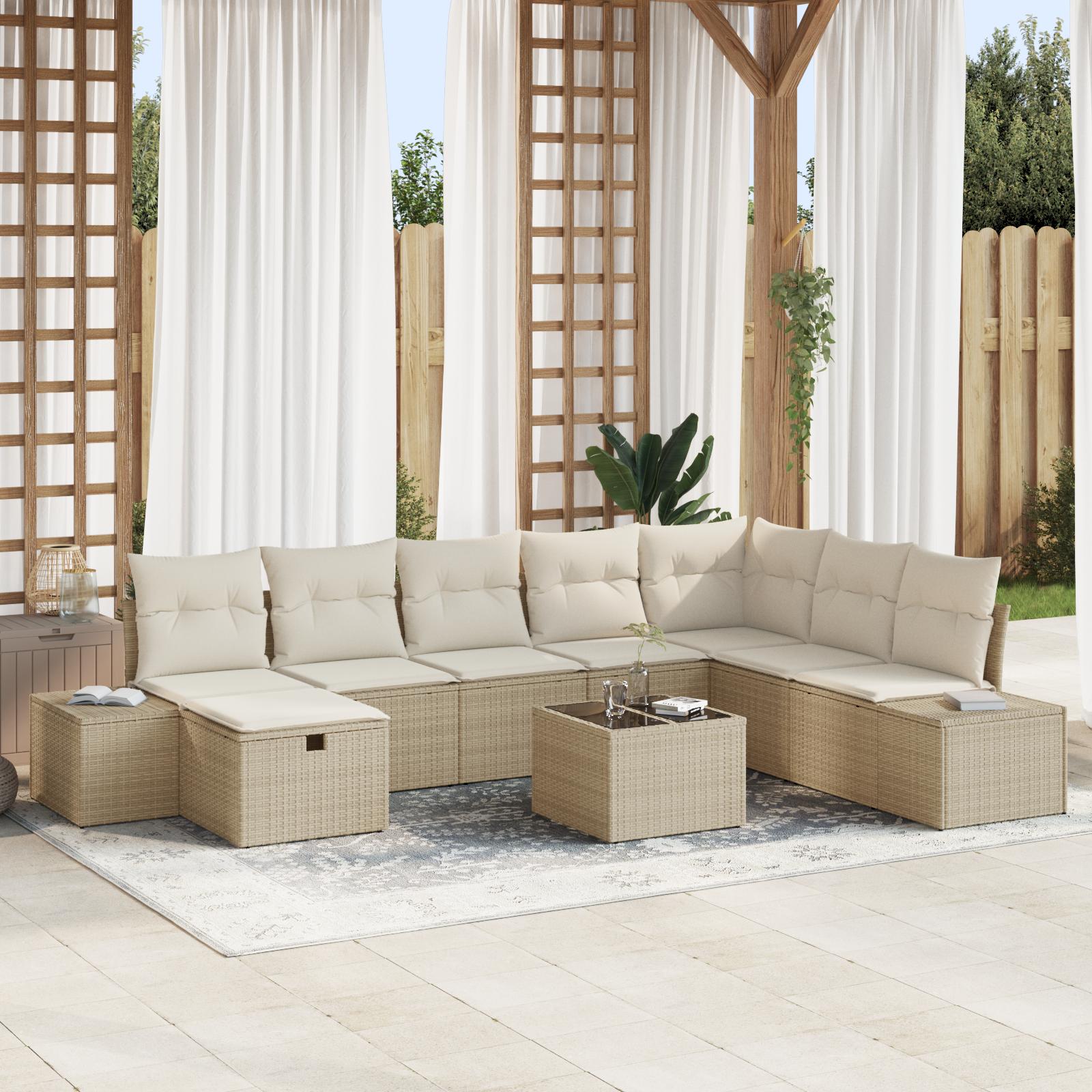 Havesofa Sæt med pude 9 stk Beige 55 x 62 x 69 cm Poly rattan