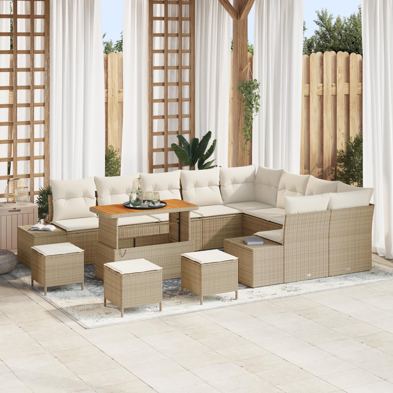 Havesofa Sæt Med Pude Med Opbevaring 12 Dele Poly Rattan - beige og cremehvid / 110 cm bordlængde