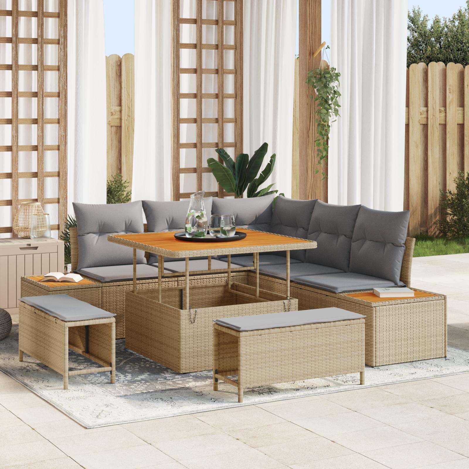 Havesofa Sæt Med Pude Med Opbevaring 8 Dele Poly Rattan - beige og lysegrå / 100 cm bordlængde