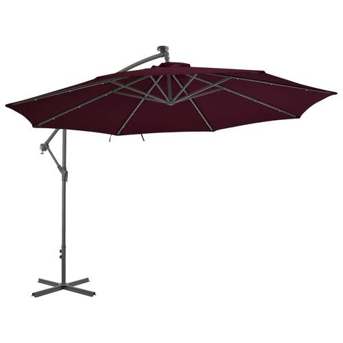 Hængeparasol m. LED-lys 350 cm bordeauxrød