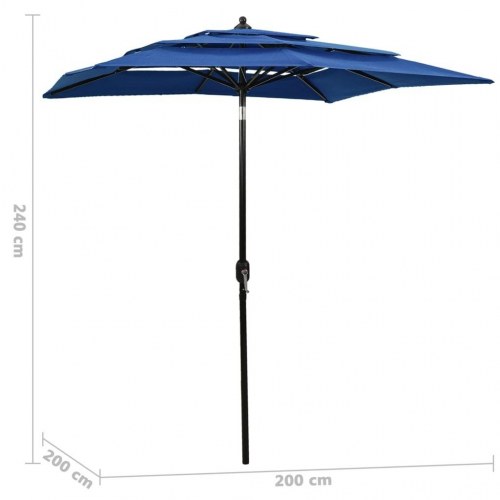 Parasol 2x2 m aluminiumsstang 3 niveauer azurblå