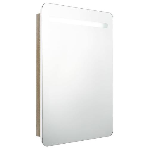 Badeværelsesskab med spejl + LED-lys 60x11x80 cm hvid og egetræ