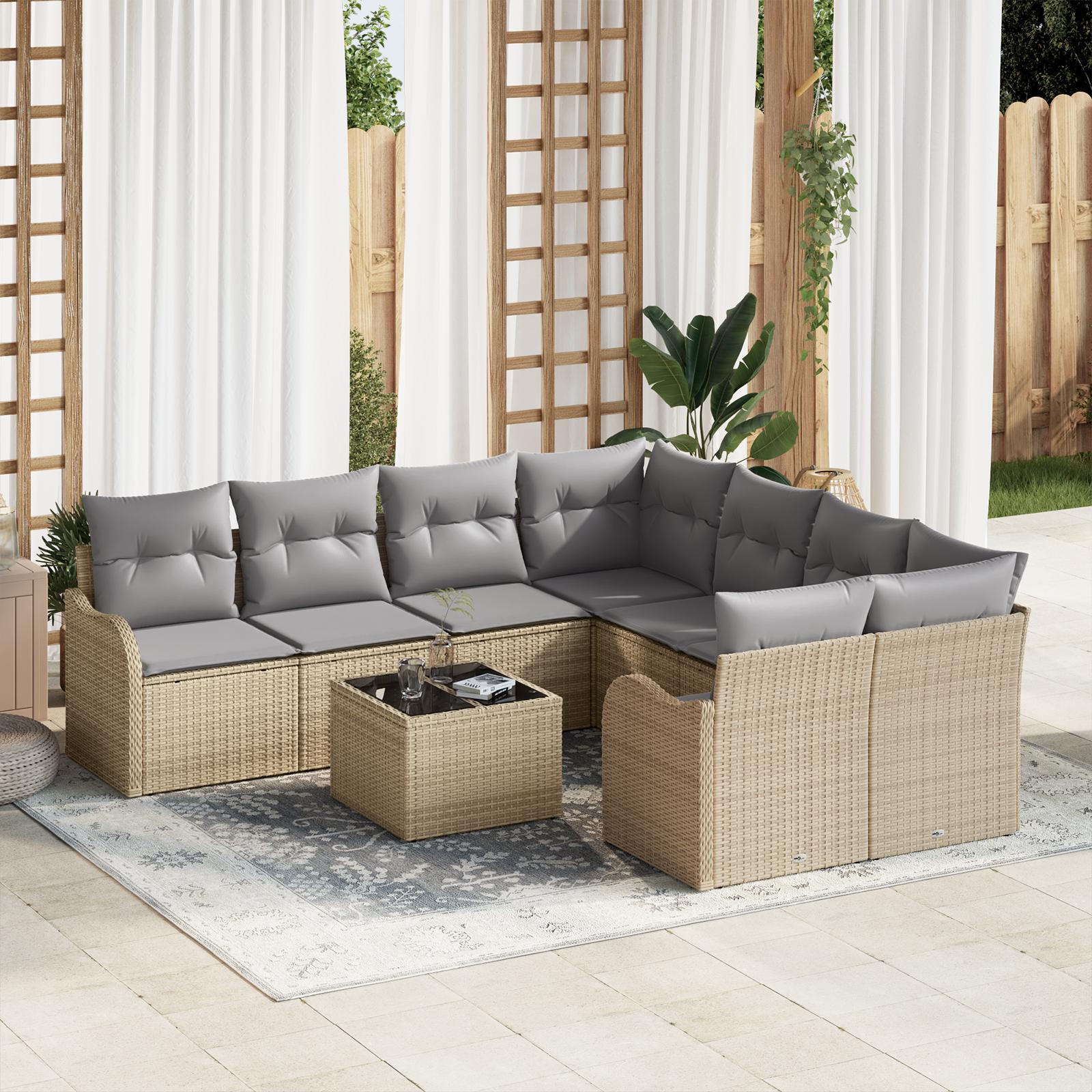 Havesofa Sæt 9 Dele Poly Rattan Og Stål Og Glas - beige og lysegrå