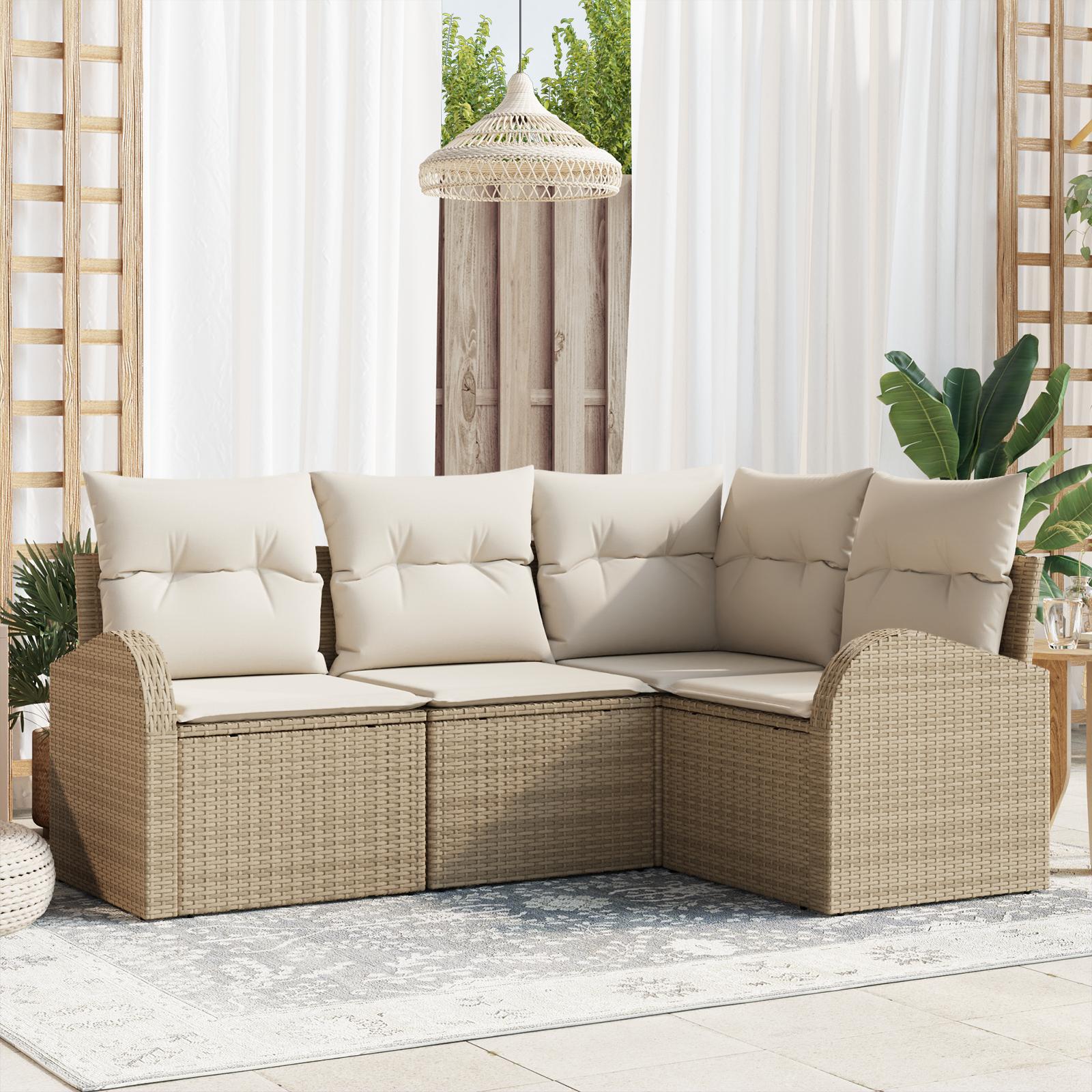 Havesofa Sæt med pude 4 stk Beige og hvid Poly rattan