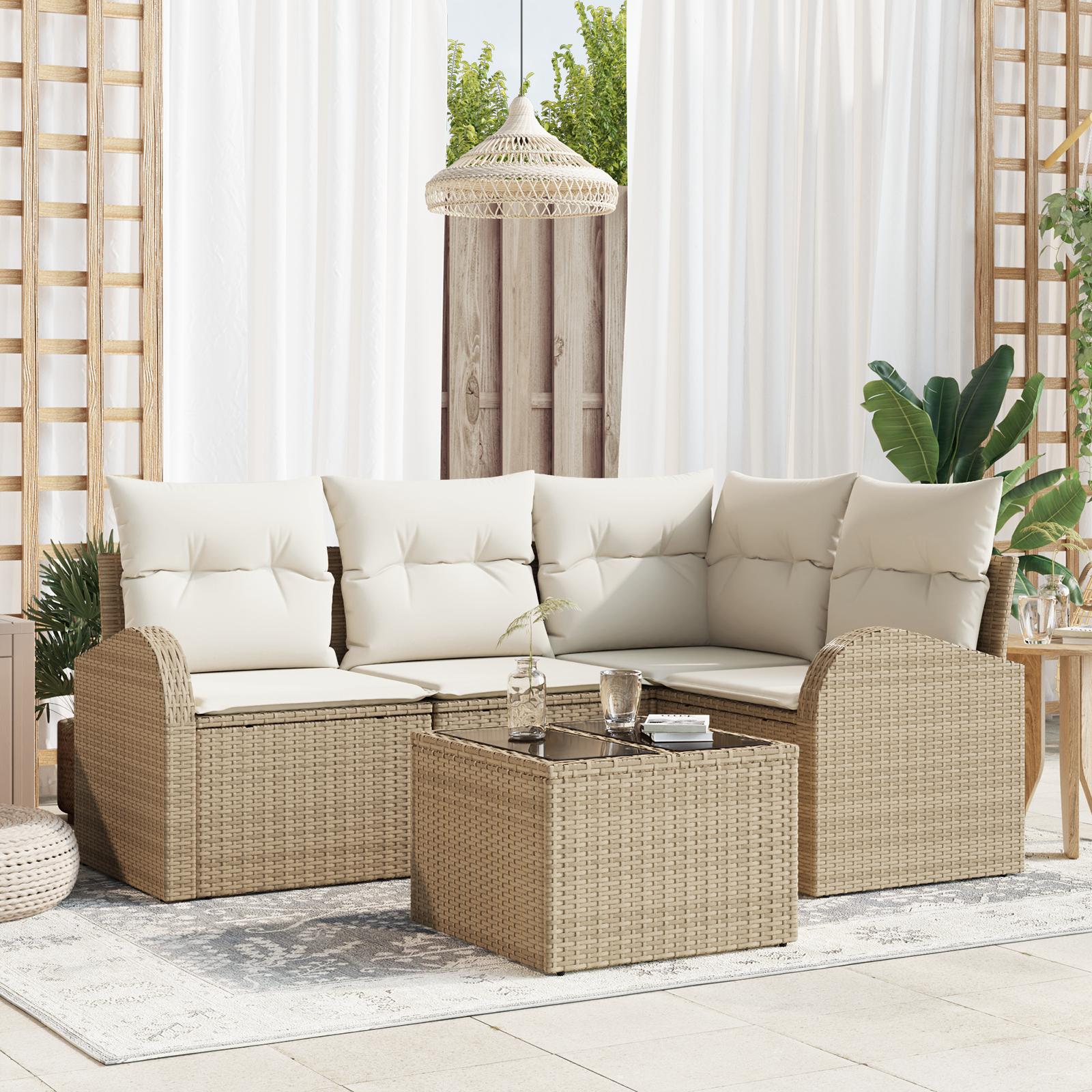 Havesofa Sæt med pude 5 stk Beige og hvid Poly rattan