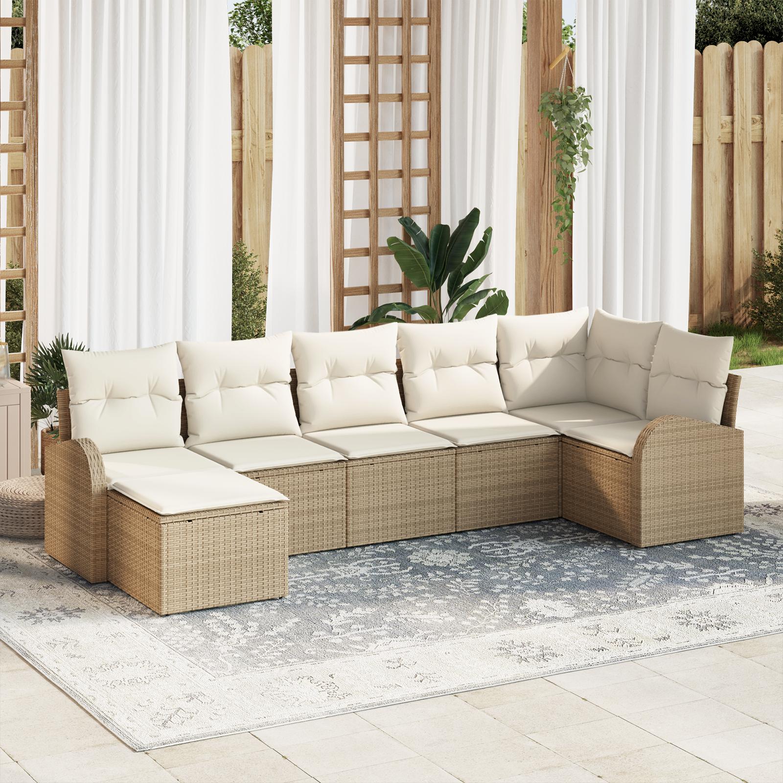 Havesofa sæt med puder og opbevaring - 7 dele, beige polyrattan