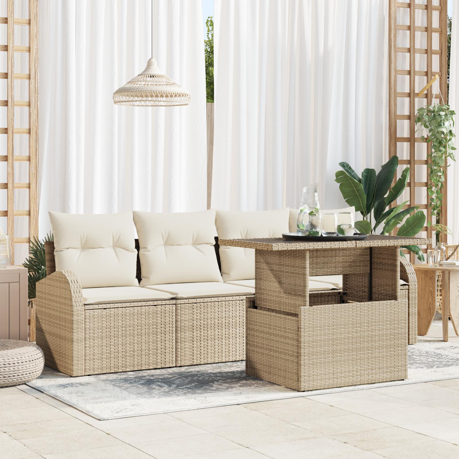 5 Delers Have Sofa Sæt Med Puder I Beige Poly Rattan&& 2 Personers Have Sofa Med Opbevaring Og Puder I Beige Poly Rattan