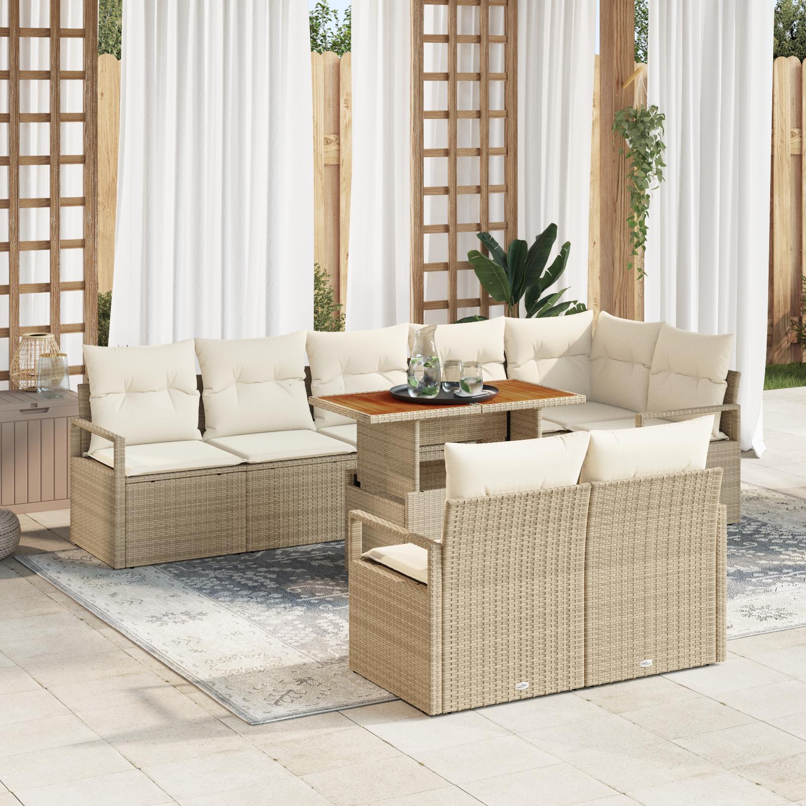 9 Delers Havemøbelsofa Sæt med Pudebetræk Beige Poly Rattan&& 2-personers Havemøbelsofa med Opbevaring & Pudebetræk Beige Poly Rattan