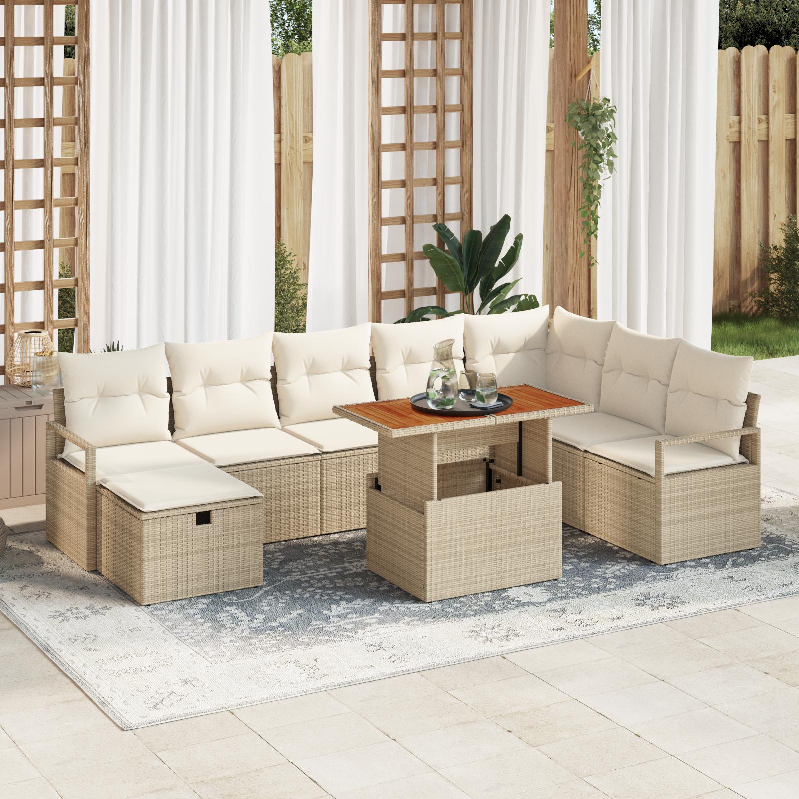 9 Delers Hav Sofa Sæt Med Hynder Beige Polyrattan&& 2 Sæders Hav Sofa Med Opbevaring & Hynder Beige Polyrattan