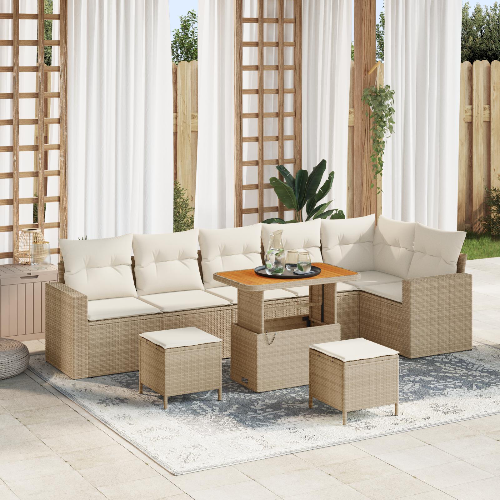 Havesofa sæt i polyrattan - 11 dele, beige/creme, modulær loungesofa med bord og skamler