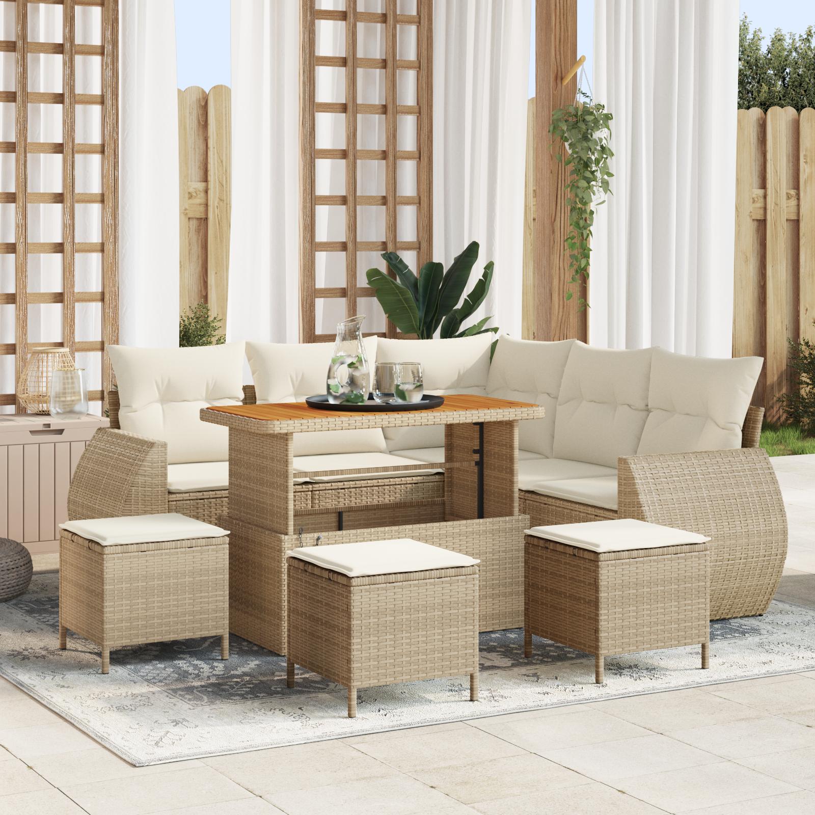 Havesofa Sæt Med Pude Med Opbevaring 8 Dele Polyrattan - beige og cremehvid / 110 cm bordlængde