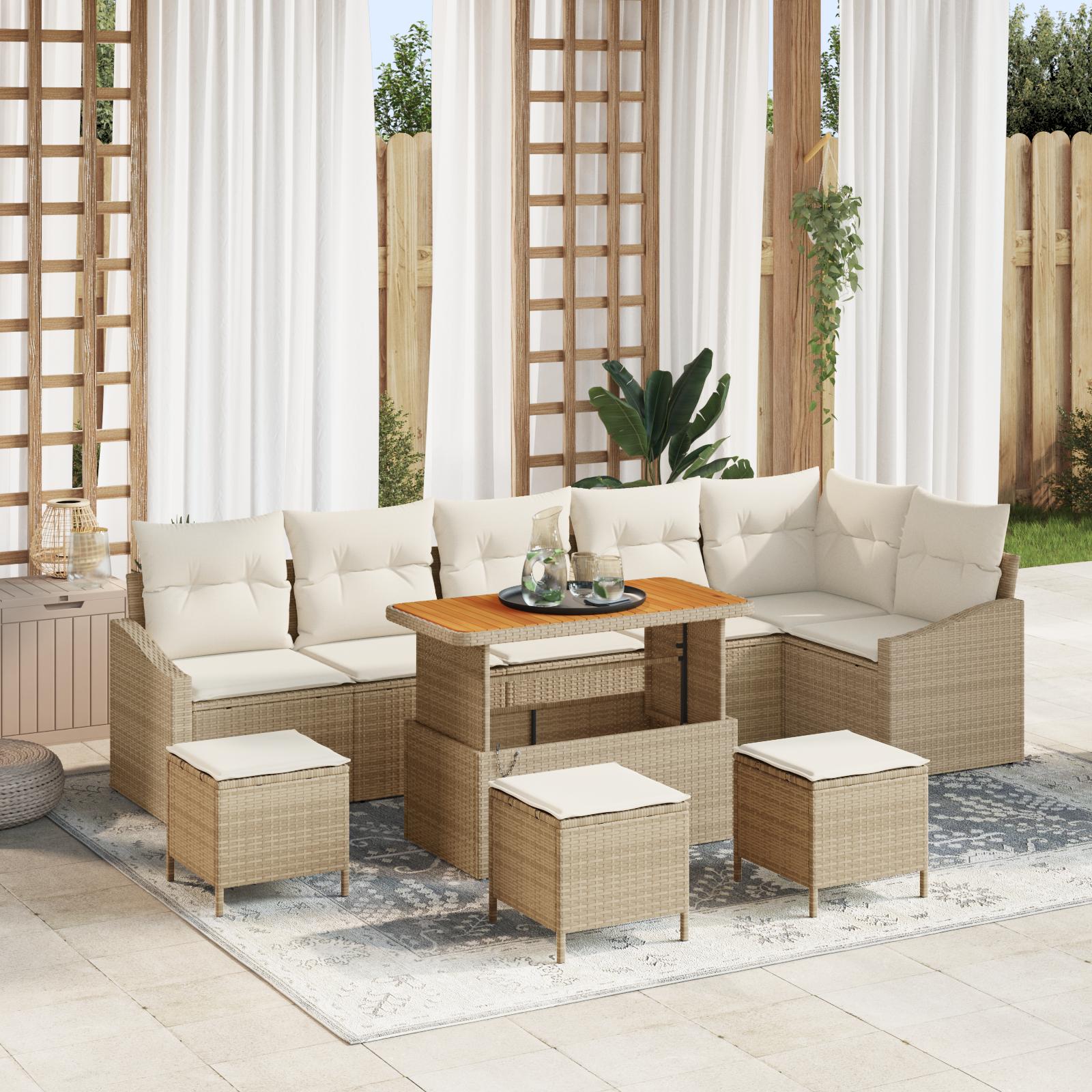 10-delt Havens Sofa Sæt Med Puder Beige Poly Rattan Akacie&& 2-personers Havens Sofa Med Opbevaring & Puder Beige Poly Rattan&& 4-delt Have Bord Sæt Med Puder Beige Poly Rattan Akacie