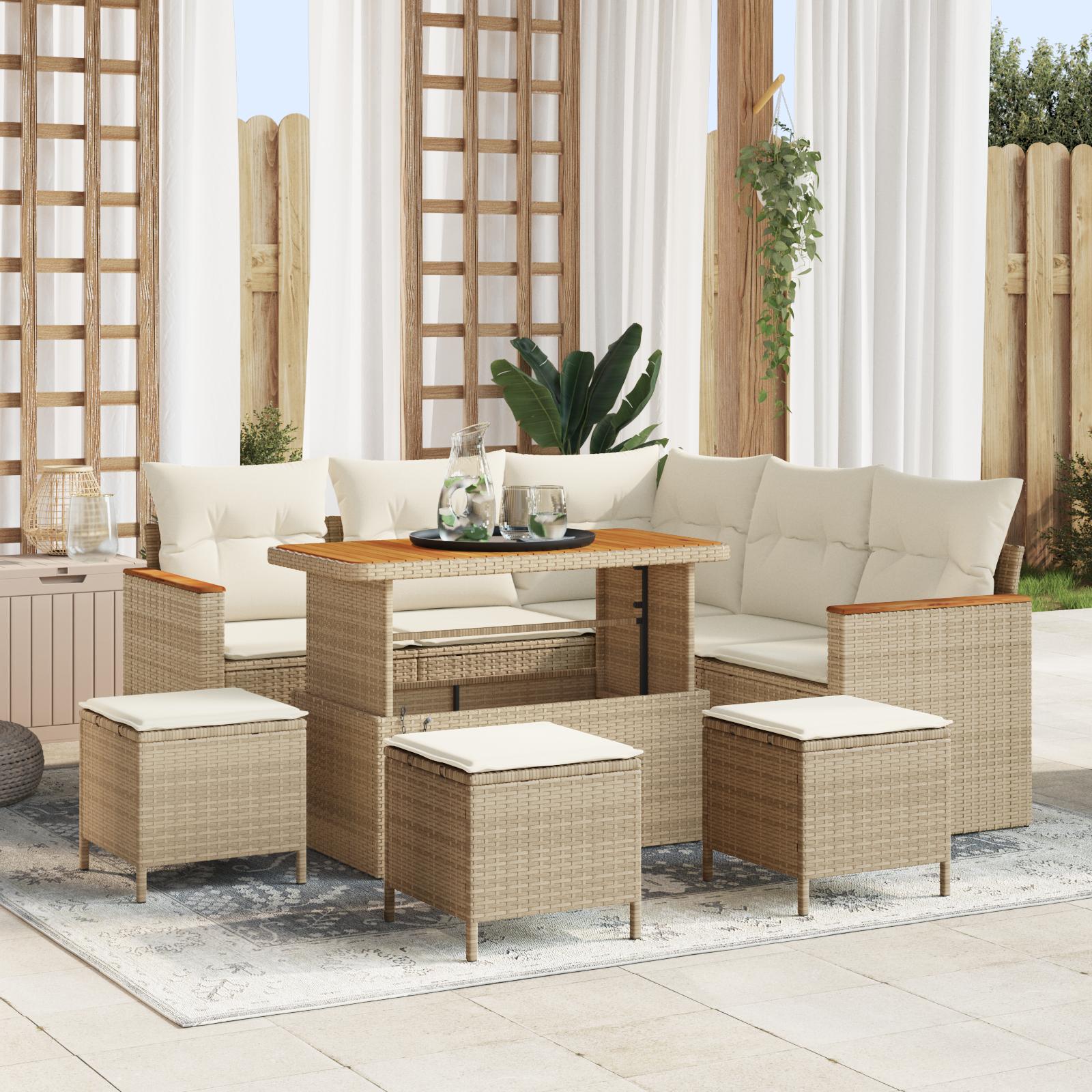 Havesofa Sæt med pude med opbevaring Beige Poly rattan