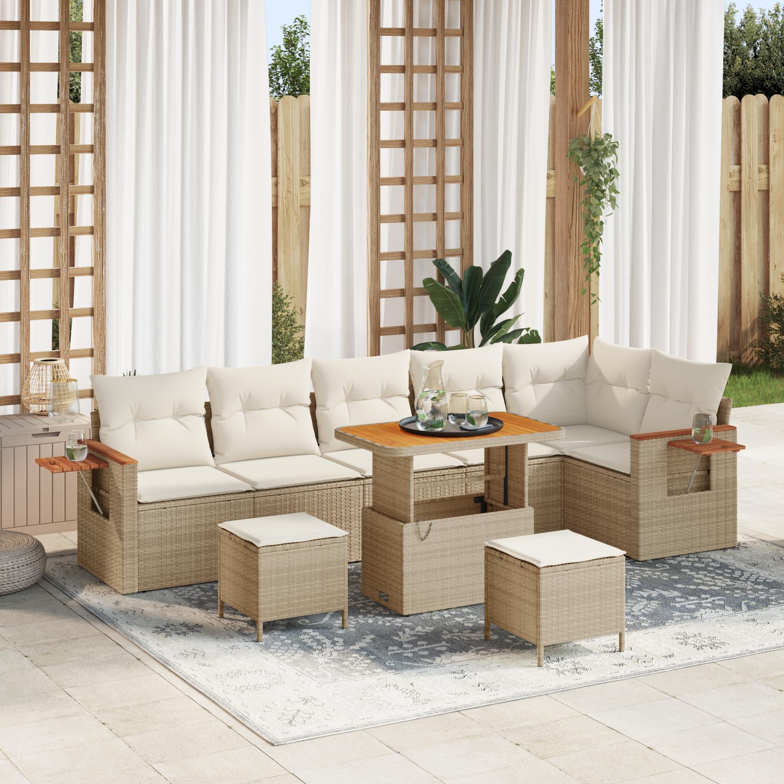 Havesofa Sæt med pude med opbevaring 9 stk Beige Poly rattan