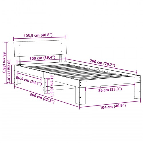 Sengestel med hovedgærde 100 x 200 cm - naturfarvet fyrretræ