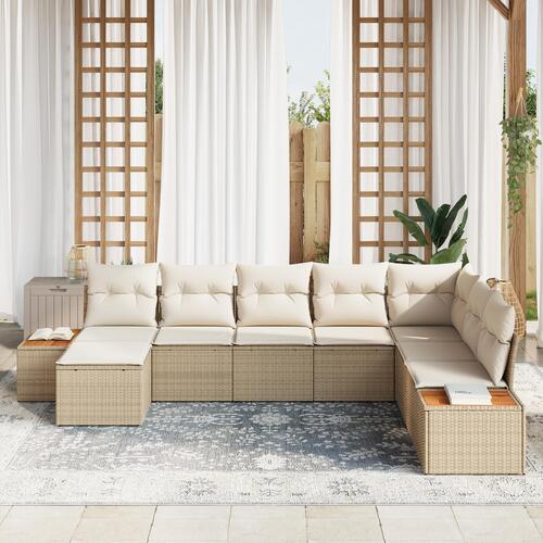 8 Stykker Have Sofa Sæt med Puder Beige Poly Rattan Akacia&& 2-personers Have Sofa med Opbevaring & Puder Beige Poly Rattan