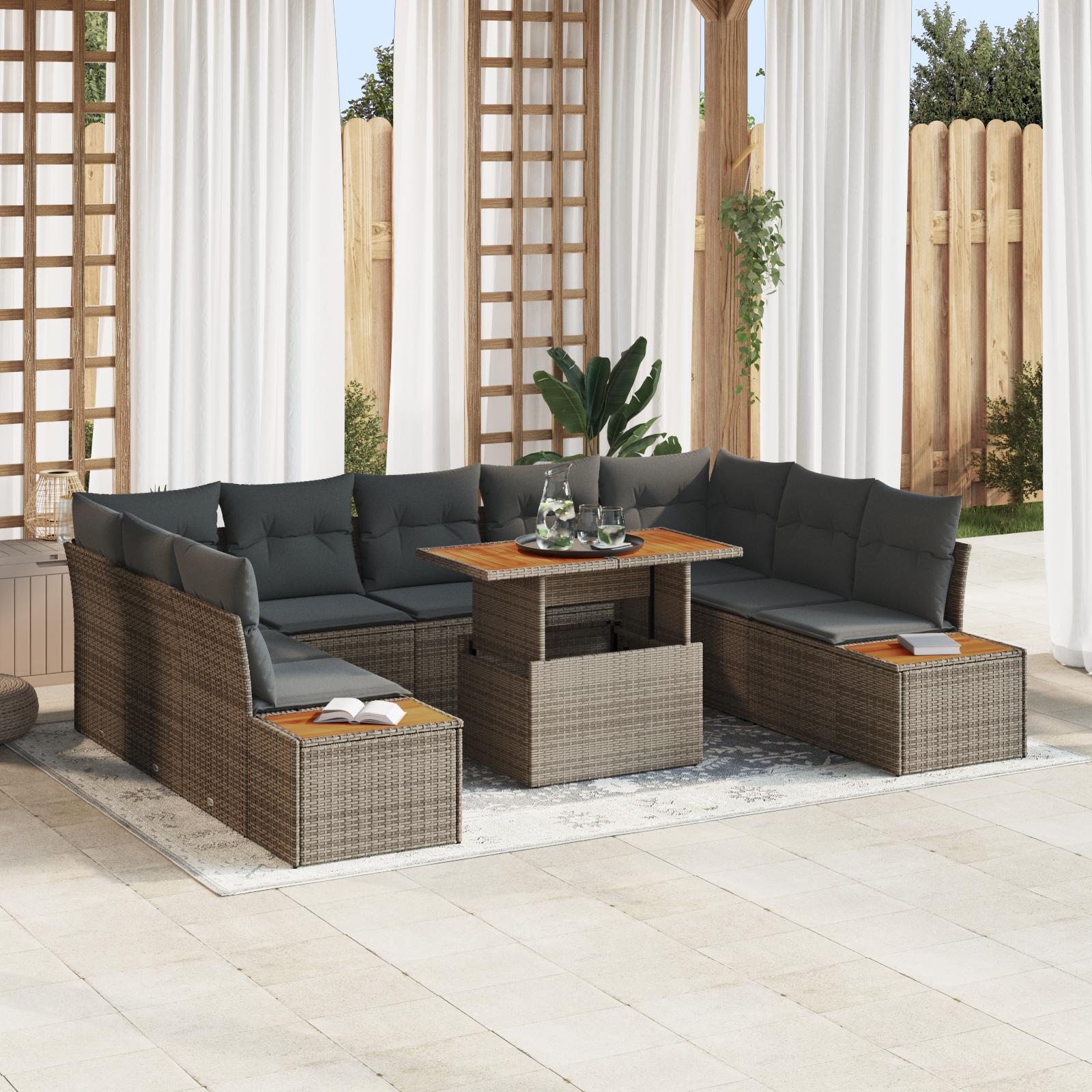 6 Stykker Have Sofa Sæt med Puder Grå Poly Rattan&& 2-sæders Have Sofa med Opbevaring & Puder Grå Poly Rattan