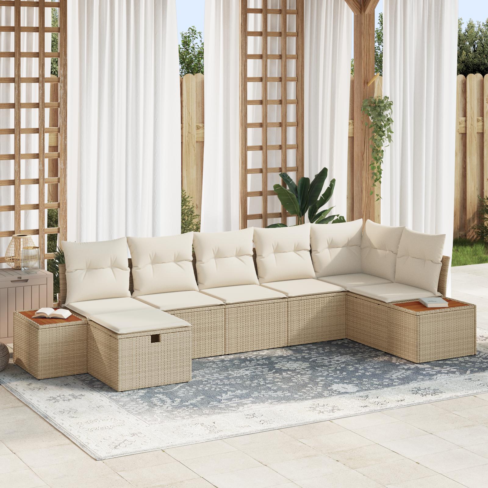 Havesofa sæt i beige polyrattan - 7 dele med puder og opbevaring