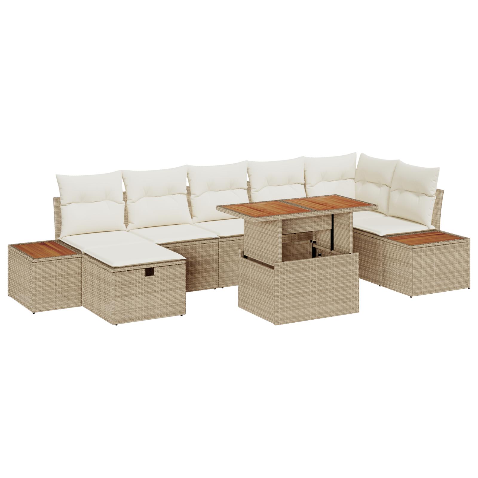 Havesofa-sæt i beige polyrattan - 8 dele med bord og hynder