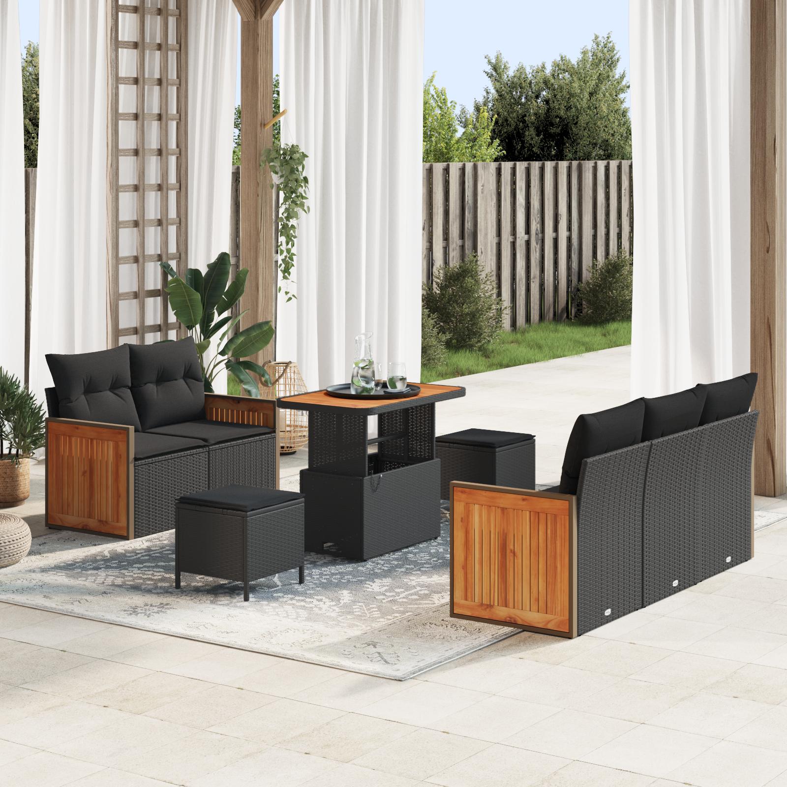 Havesofa sæt 8 stk i sort polyrattan med bord og opbevaring