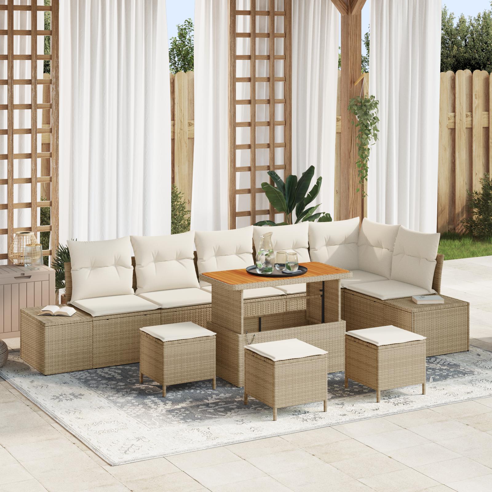 Havesofa Sæt med pude 9 stk Beige og creme 110 x 55 x 71 cm