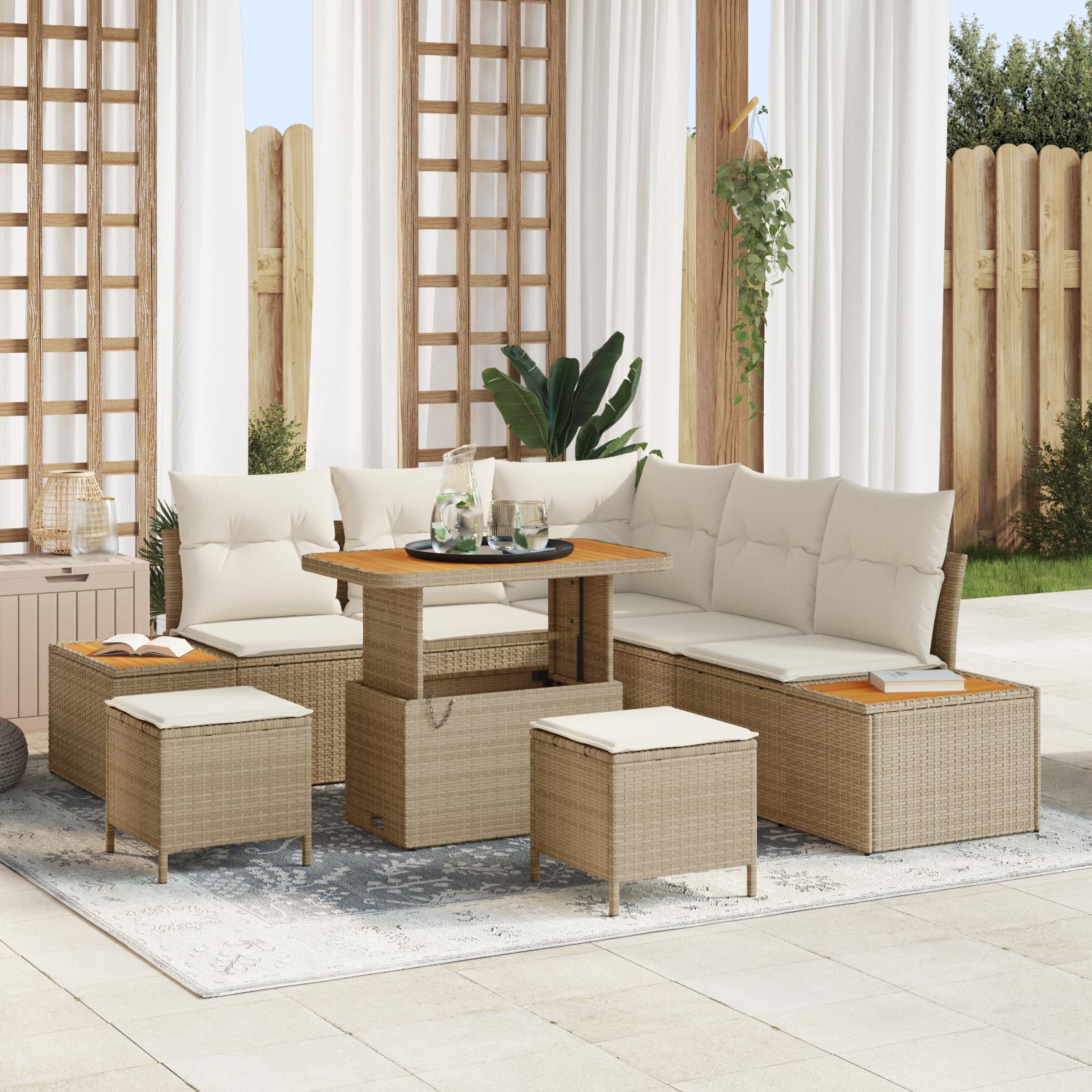 Havesofa Sæt Med Pude Med Opbevaring 8 Dele Poly Rattan - beige og cremehvid / 90 cm bordlængde