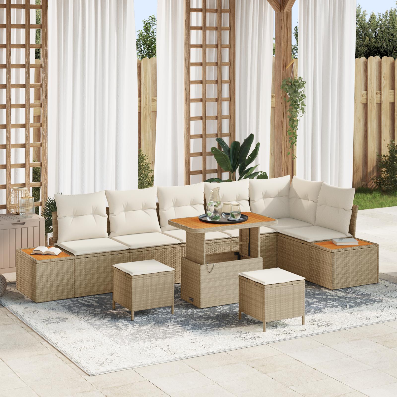Havesofa Sæt med pude med opbevaring 9 stk Beige Poly rattan