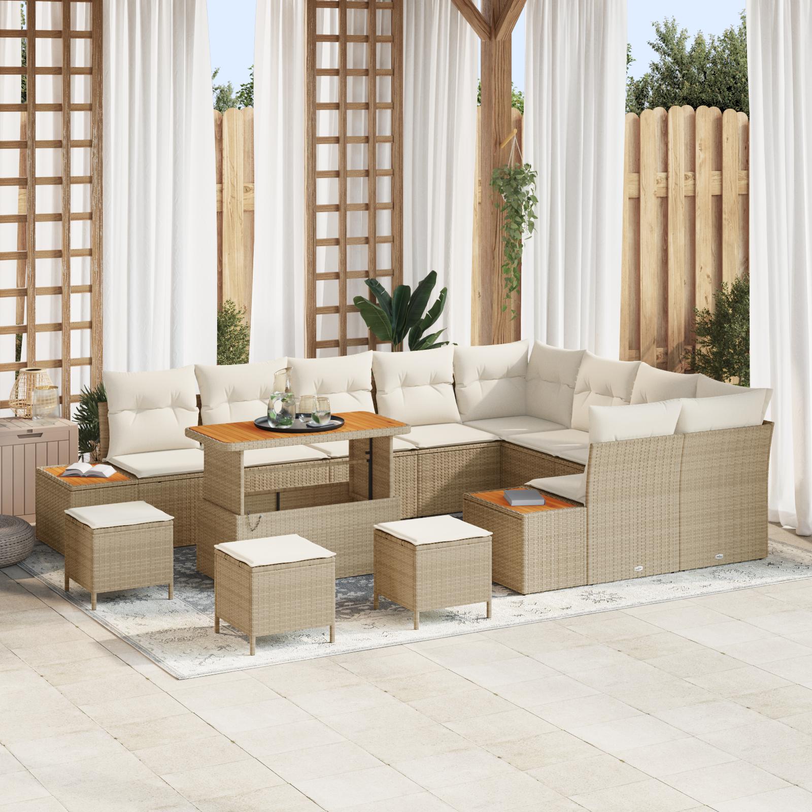 Havesofa Sæt med pude med opbevaring 13 stk Beige Poly rattan