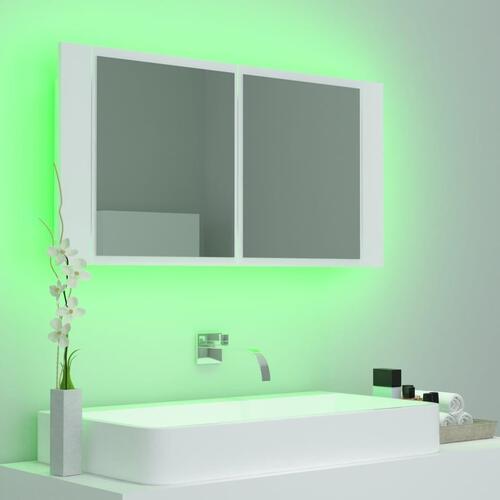 Badeværelsesskab m. spejl og LED-lys 90x12x45 cm akryl hvid