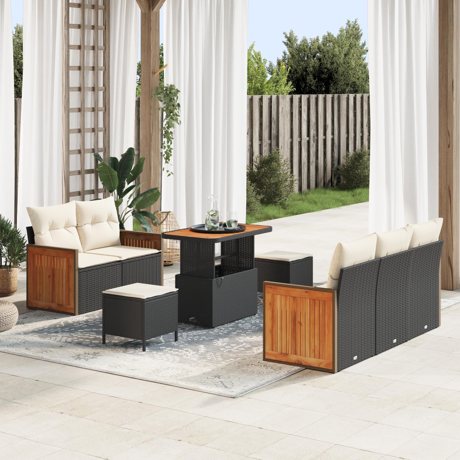 Havesofa sæt med puder, 10 dele - sort/creme polyrattan
