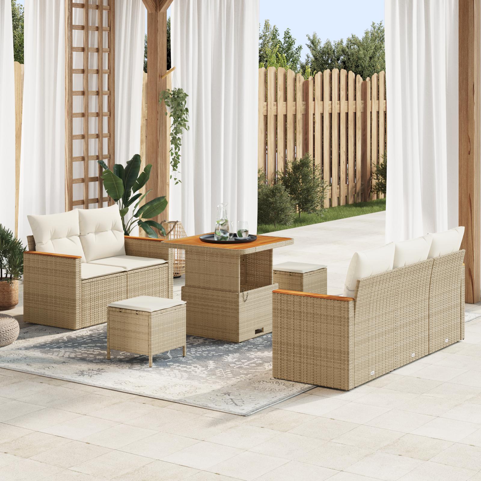 Havesofa sæt 8 stk i beige polyrattan med akaciebord