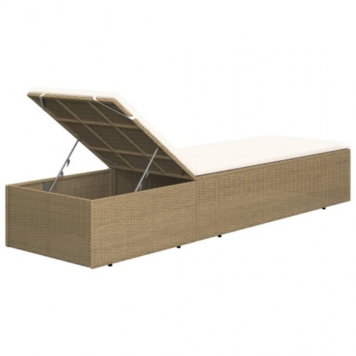 Liggestol i polyrattan - brun/cremehvid solseng med hynde