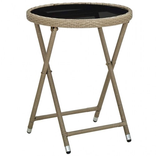 Foldbart tebord 60 cm i beige polyrattan med hærdet glas