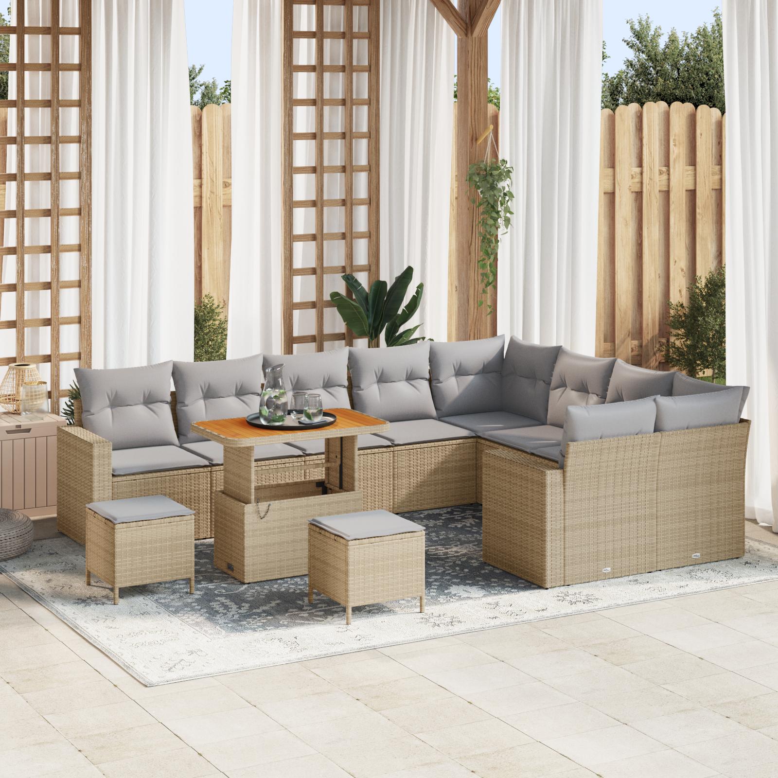 Havesofa sæt i beige polyrattan - 12 dele, modulopbygget lounge med bord