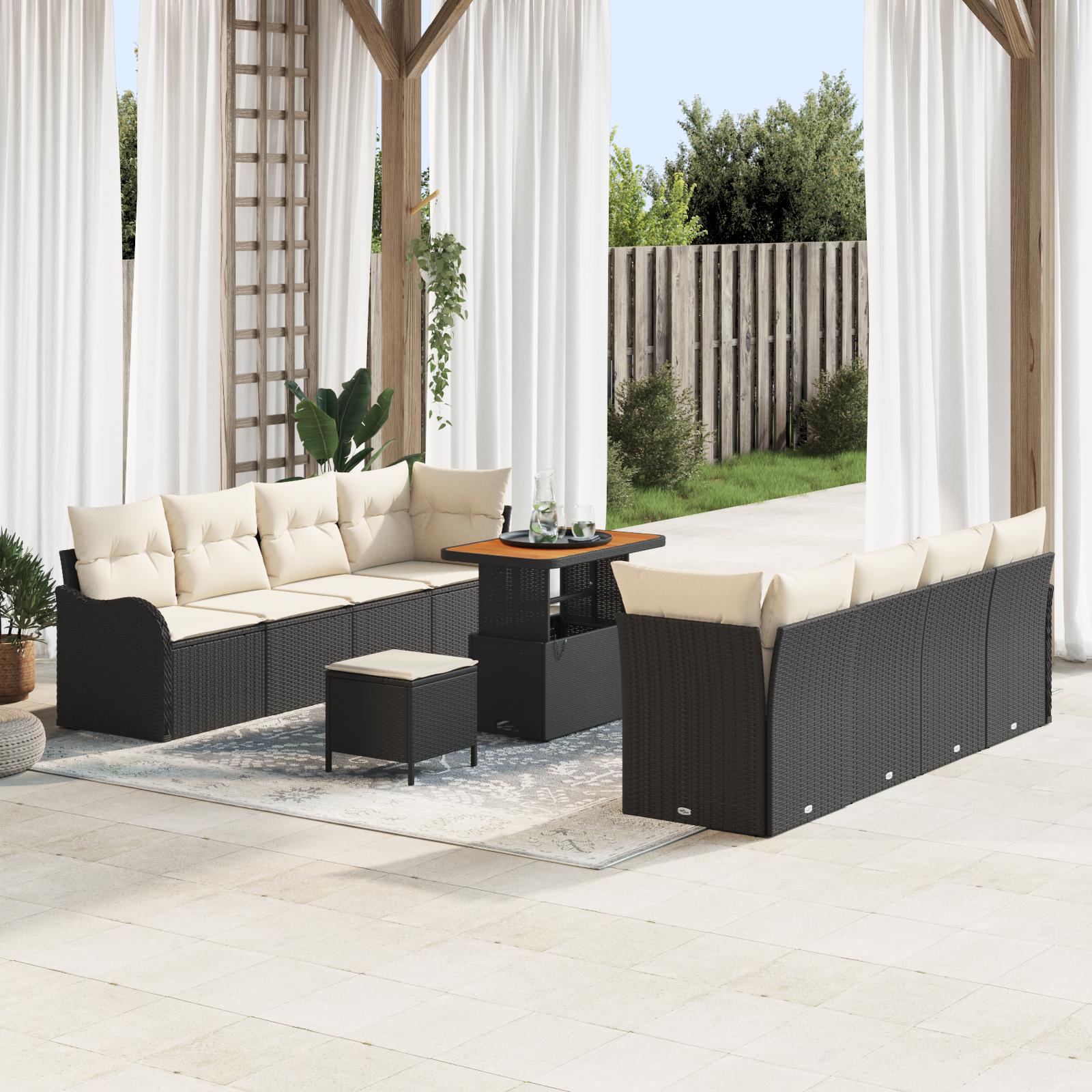 11-dels Have Sofasæt Med Puder Sort Polyrattan Akacietræ 2-sæders Have Sofa Med Puder Sort Polyrattan 3-dels Have Spisebord Sæt Med Puder Sort Polyrattan Akacietræ