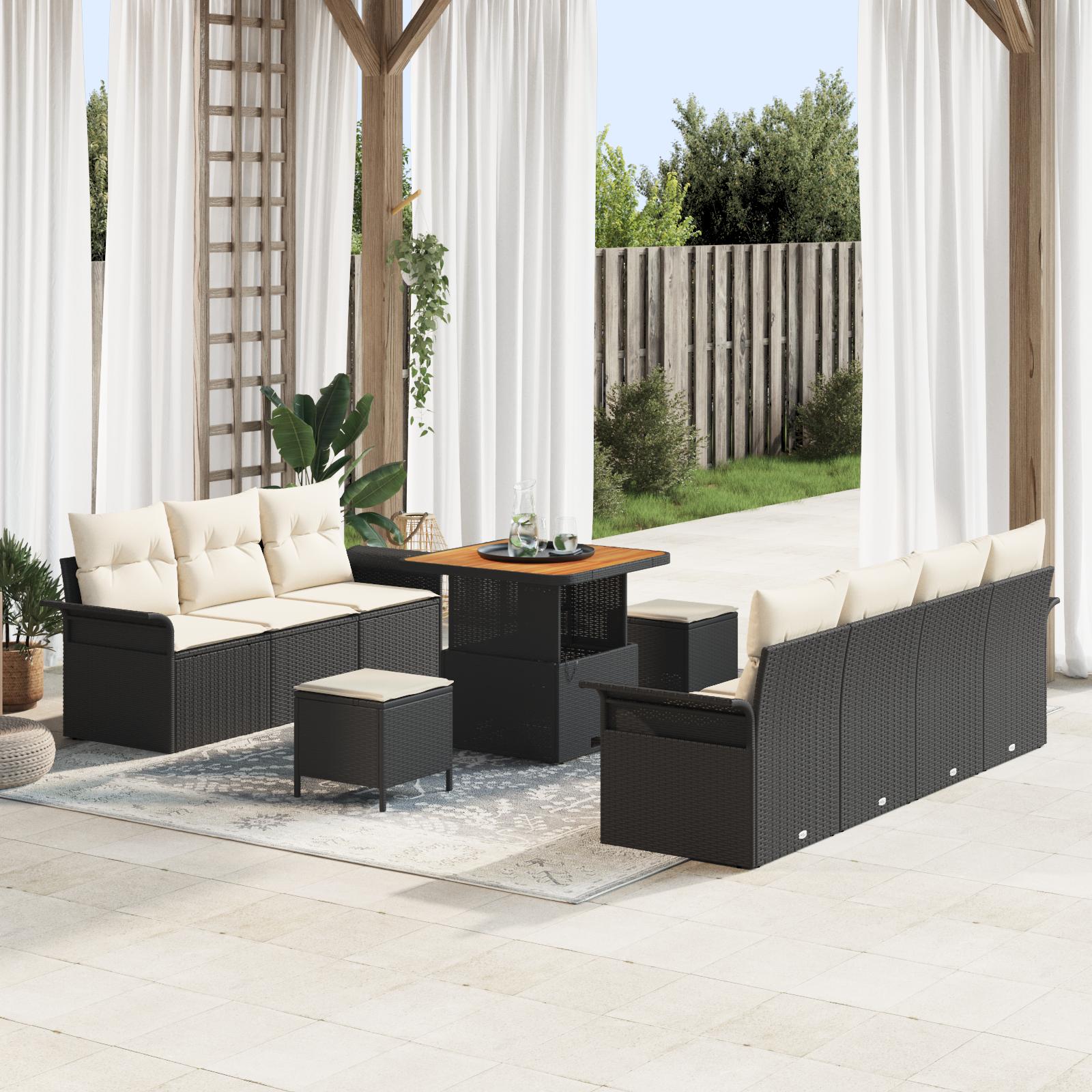 Havesofa sæt med puder - 10 dele i sort polyrattan