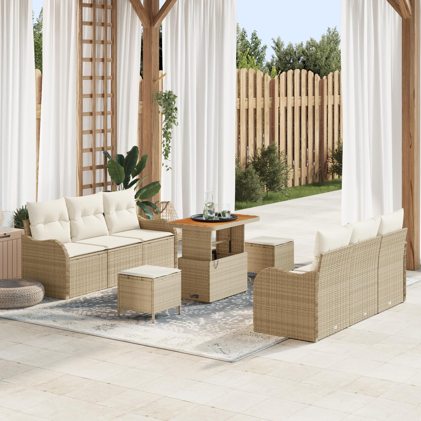 9-delers Have Sofa Sæt Med Puder Beige Poly Rattan Akacie 2-personers Have Sofa Med Puder Beige Poly Rattan 3-delers Have Spise Sæt Med Puder Beige Poly Rattan Akacie